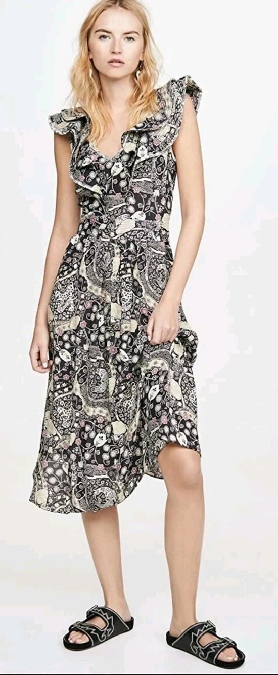 Isabel Marant Étoile Quilted Ruffle Trim Coraline Dress Flutter Sleev, Belt, 36